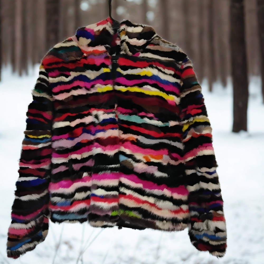 Colorful Striped Mink Fur Hooded Jacket